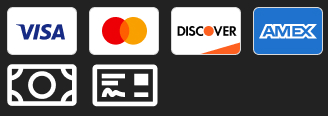 Icons representing Visa, Mastercard, Discover, American Express, cash, and check